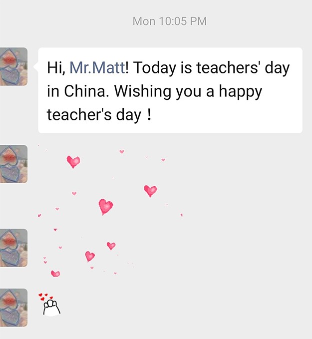 Screenshot of a text message reading "Happy teachers' day, Mr. Matt"