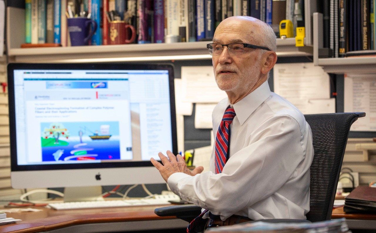 UC professor Andrew Steckl, PhD shown here is this office and lab at Rhodes Hall. UC/ Joseph Fuqua II