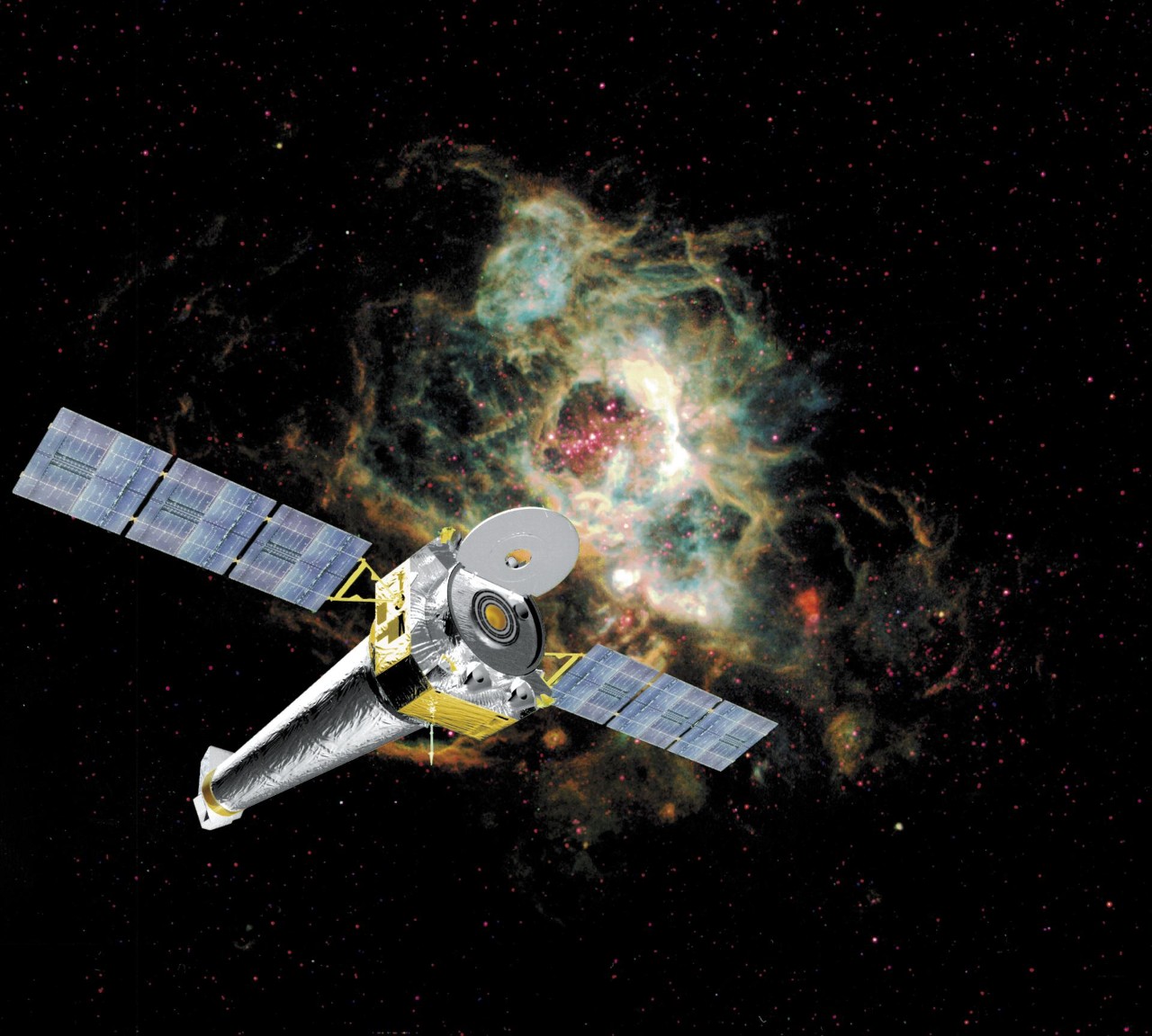 An artist's rendering of the Chandra X-ray Observatory in front of a galaxy cluster.