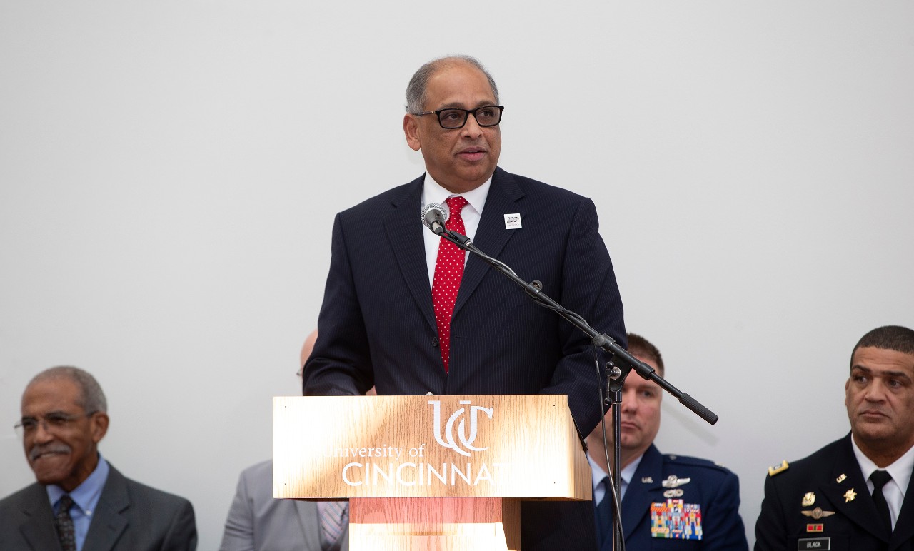Dr. Neville Pinto University of Cincinnati president spoke during the Veterans Day ceremony at (TUC) Tangeman University Center November 8, 2019. UC/Joseph Fuqua II