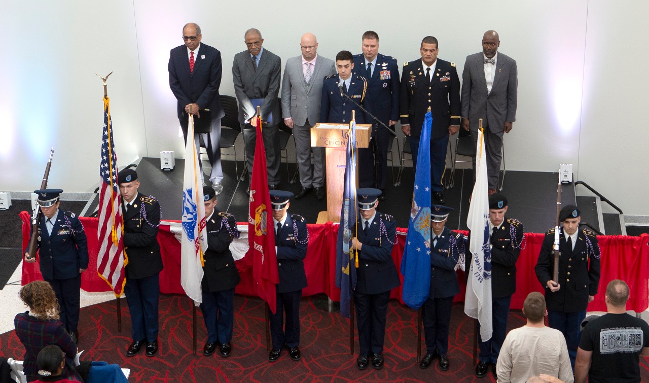 Dr. Neville Pinto University of Cincinnati president spoke during the Veterans Day ceremony at (TUC) Tangeman University Center November 8, 2019. UC/Joseph Fuqua II