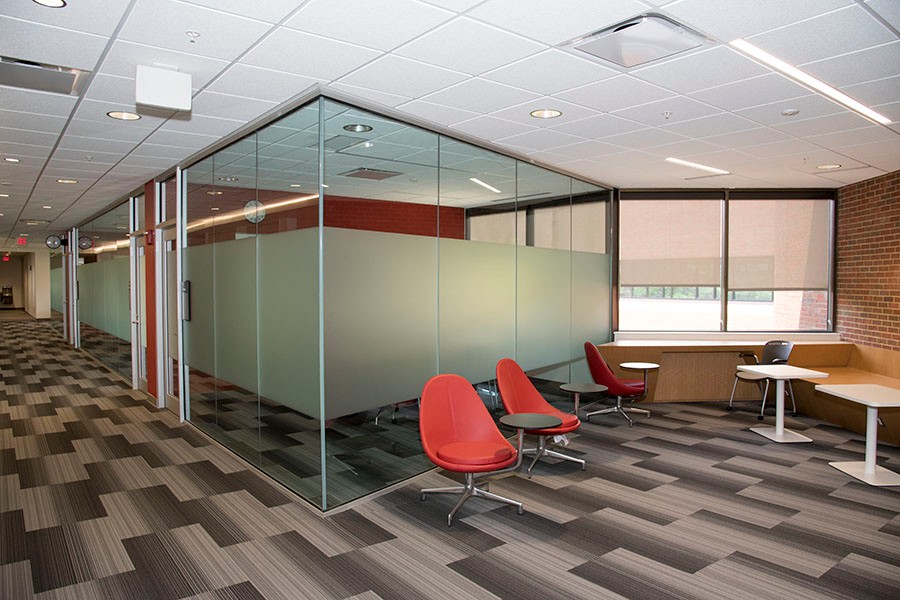 Image of study space and classrooms on third floor of Muntz Hall. 