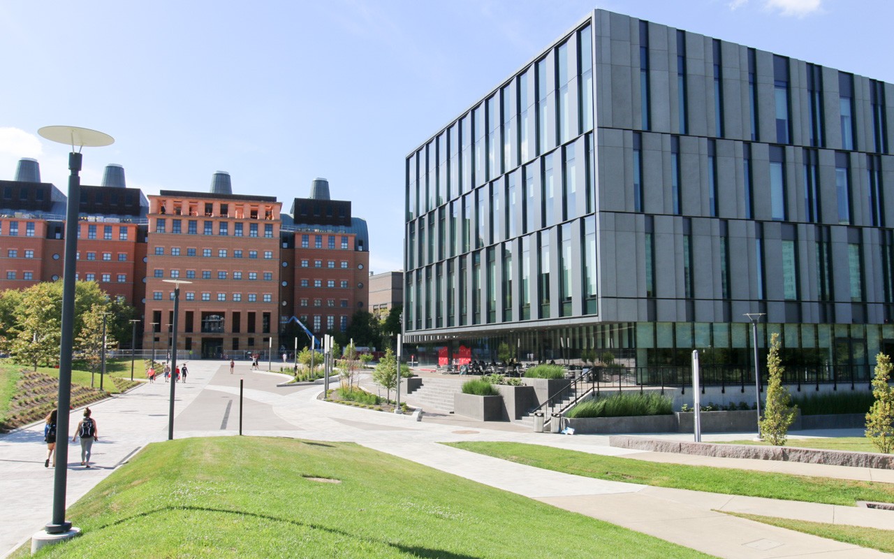 An exterior shot of Sigma Sigma Commons and the new Lindner Hall at the University of Cincinnati