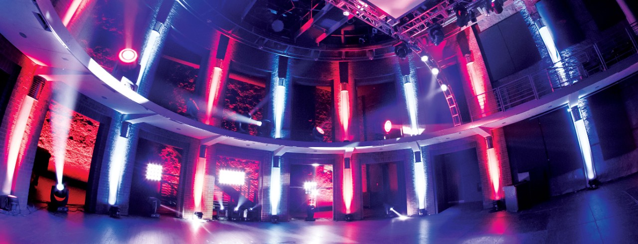 CCM's Cohen Family Studio Theater is lit with a colorful display created by lighting design students