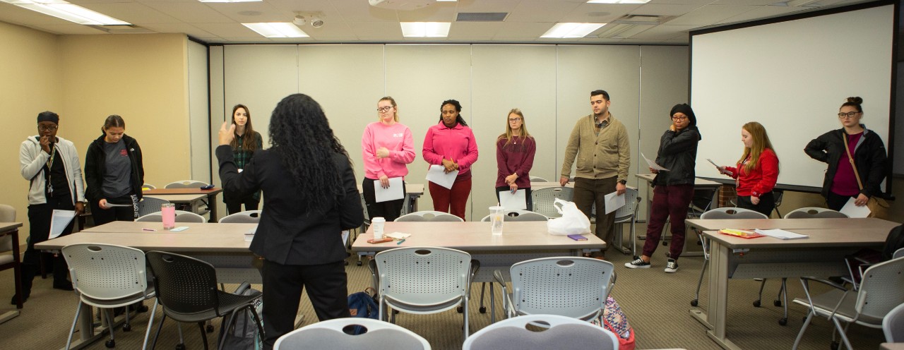 Dy'an Marinos (Assistant Director of the Office of Equity and Inclusion) leads a Blue Ash class in diversity, equity and inclusion activities as part of the "Don't Cancel Class" initiative.
