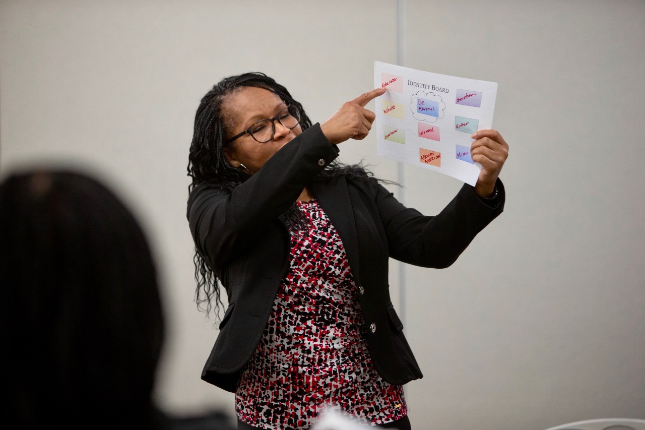 Dy'an Marinos (Assistant Director of the Office of Equity and Inclusion) leads a Blue Ash class in diversity, equity and inclusion activities as part of the "Don't Cancel Class" initiative.