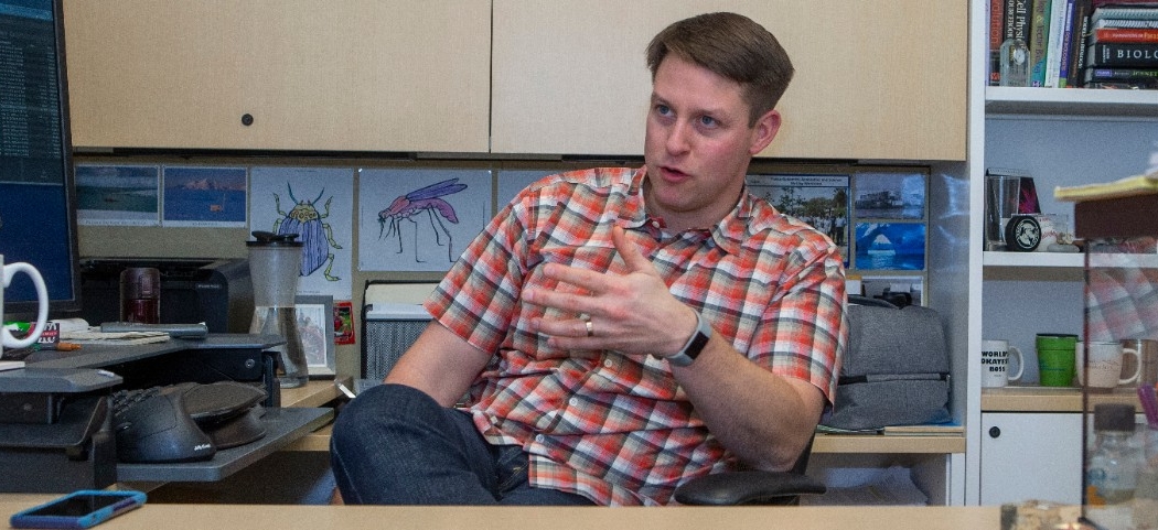 Joshua Benoit, University of Cincinnati assistant professor researching the genome of the Stable Fly shown here in Benoit’s lab at Rieveschl. UC/Joseph Fuqua II