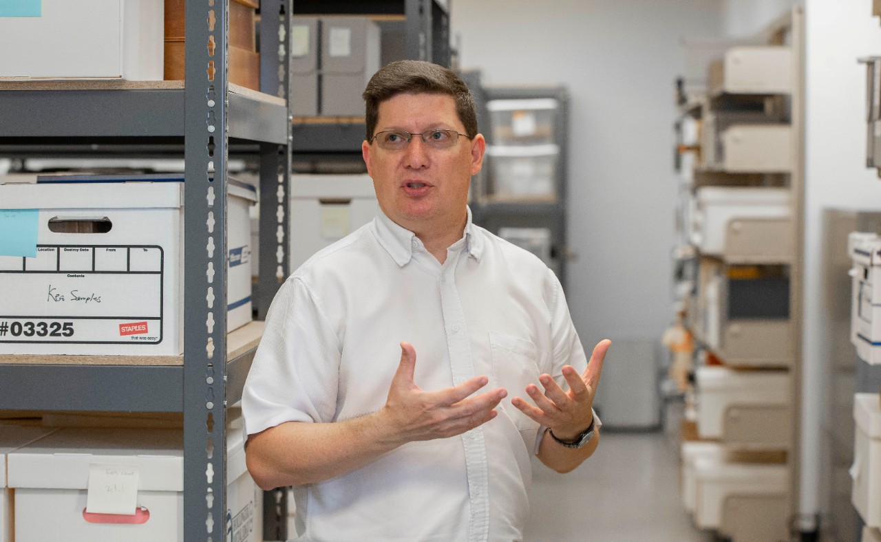 Jeffrey Kramer, archivist in Classics Department shown here at Blegen Library UC/Joseph Fuqua II 
