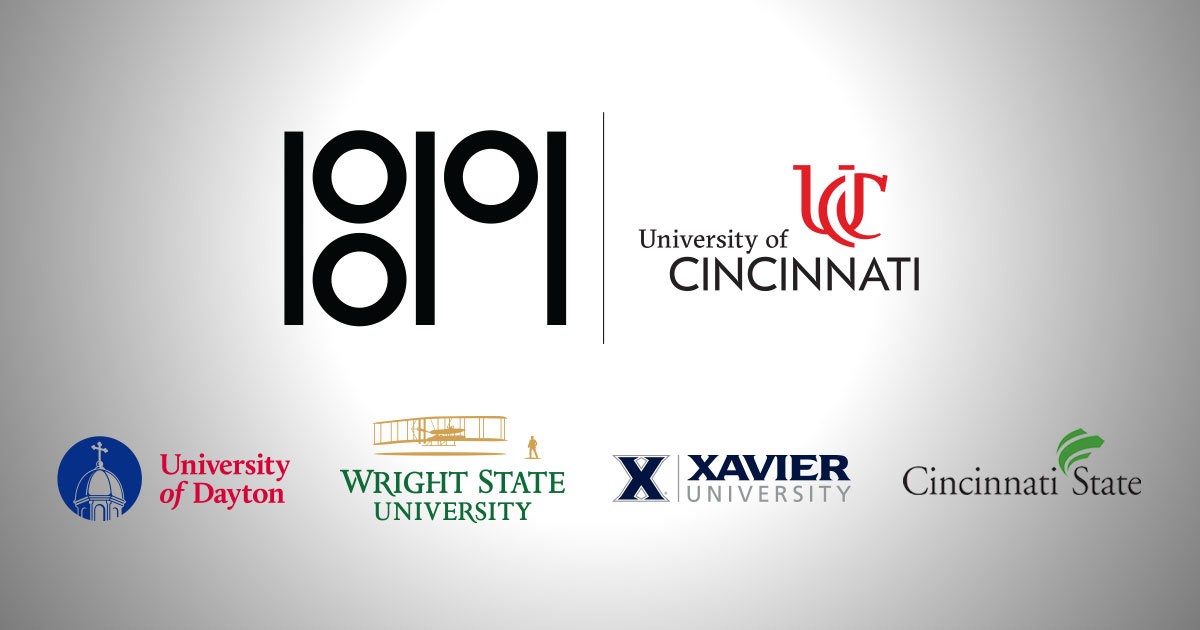logos of UC, 1819 Innovation Hub, Wright State, University of Dayton, Xavier University and Cincinnati State