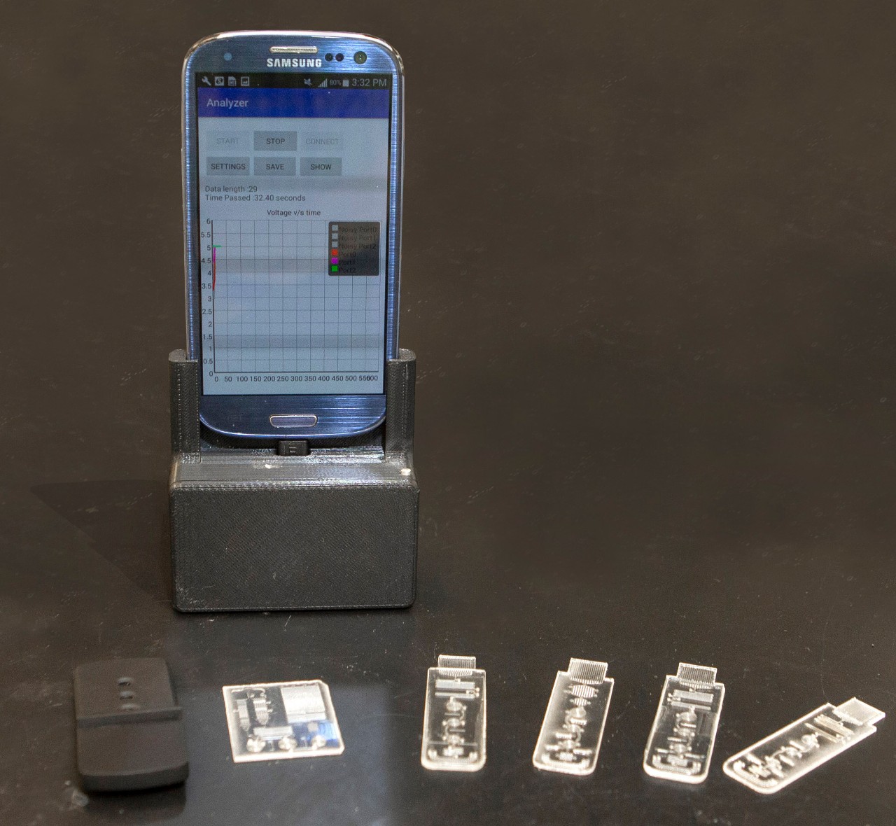 Detail shot of UC engineering professor Chong Ahn, PhD phone device setup in his lab at Rhodes Hall. UC/ Joseph Fuqua II