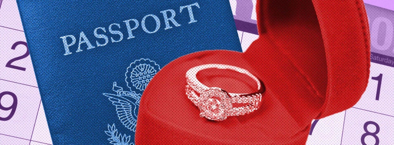 Illustration of a passport and engagement ring
