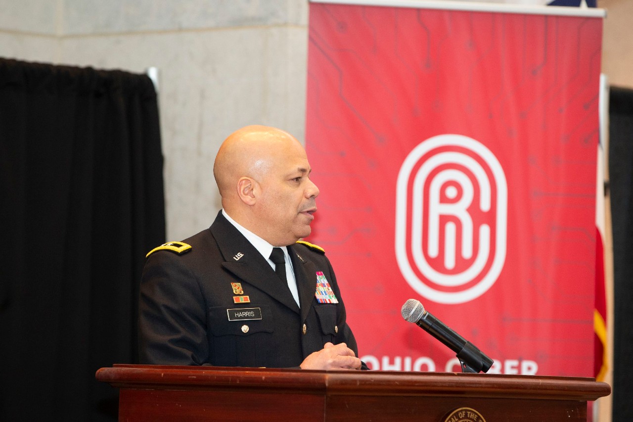 Major General John C. Harris, Jr. at the podium