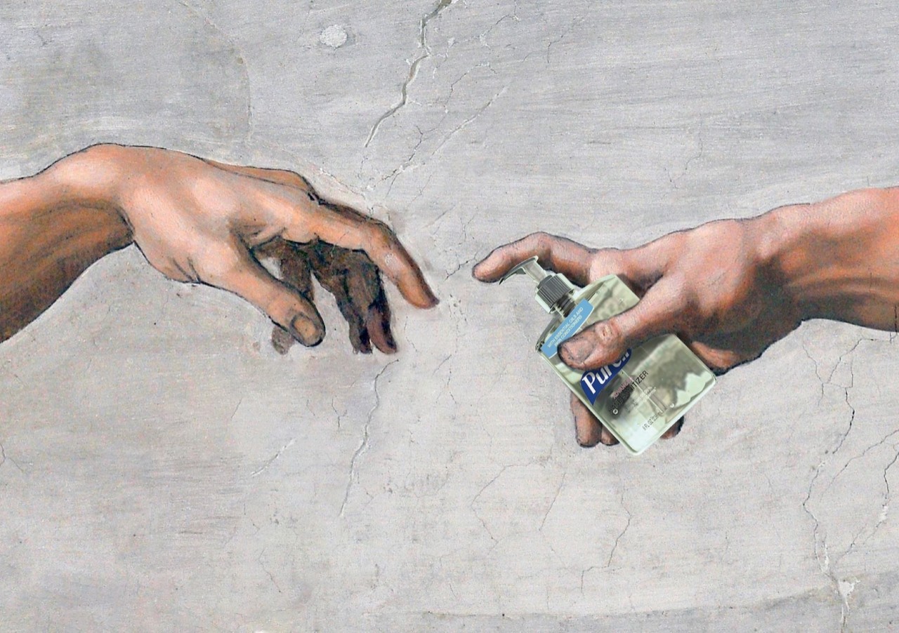 Heavenly image of two hands in sky sharing a bottle of Purell hand sanitizer  