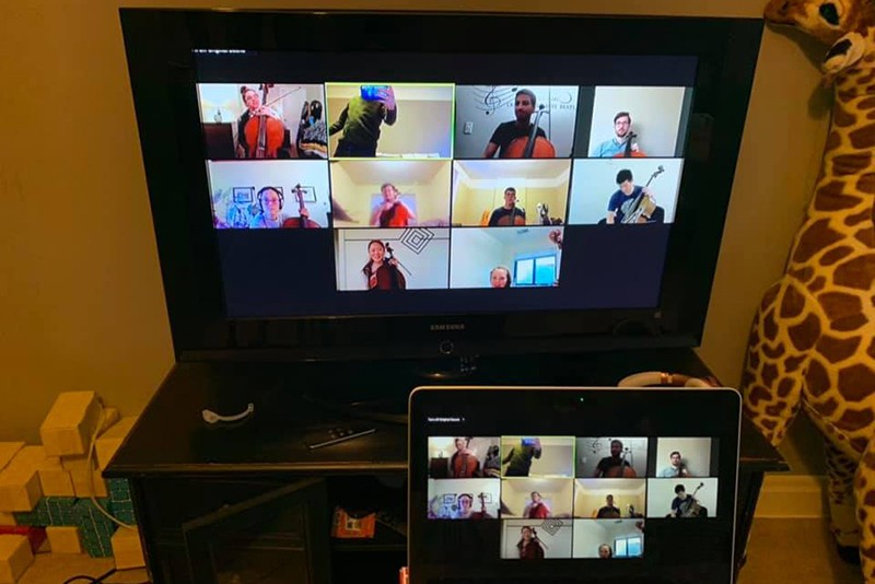 TV and computer screens show students tuning in for online instruction