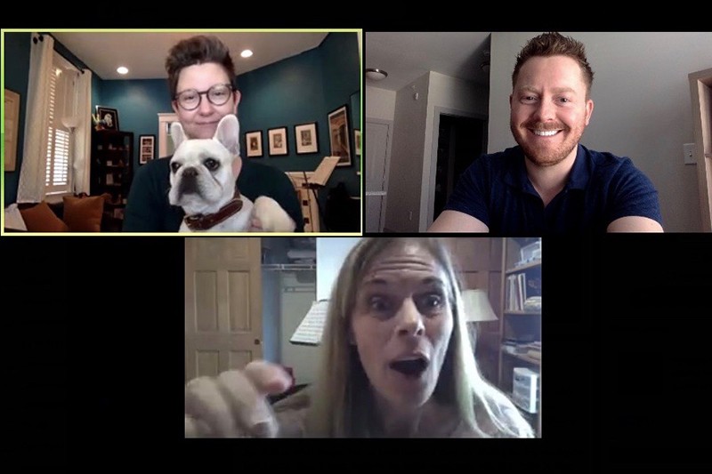 Three professors and a dog in a video conference