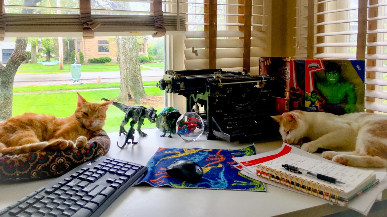 Two cats lying on a desk surrounded by typewriter, keyboard and toy dinosaurs.