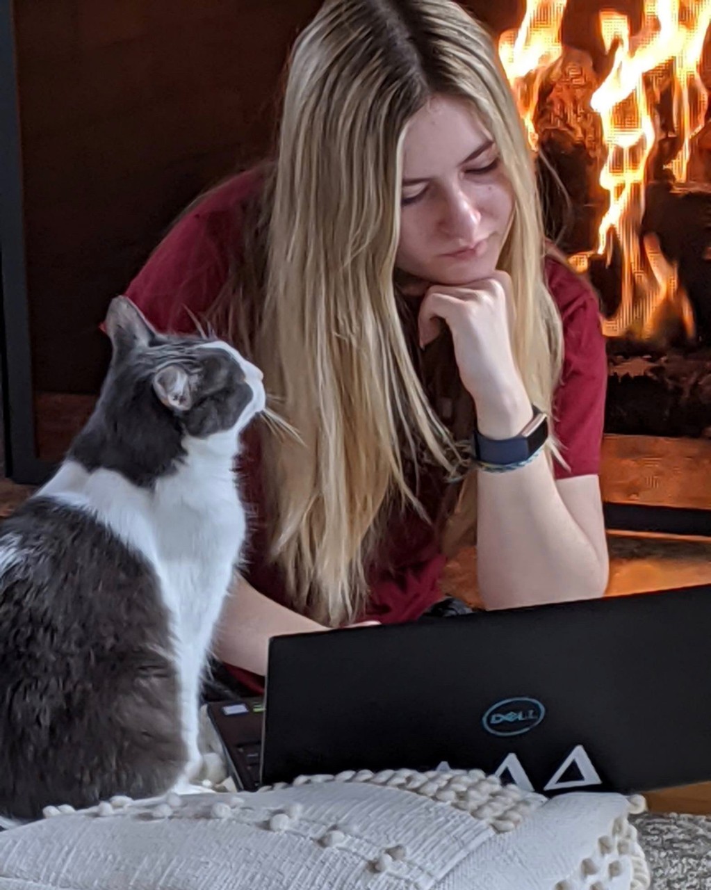 A girl and her cat sit in front of a fireplace working on a laptop computer.