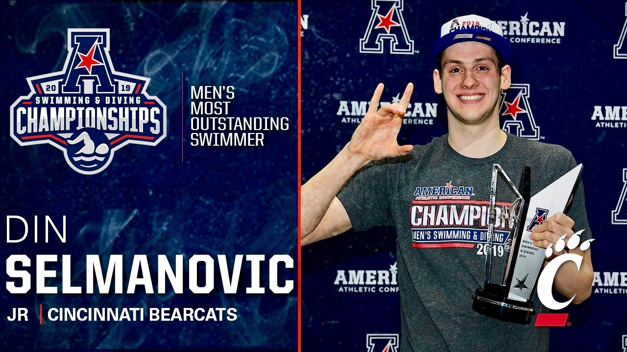 Split screen poster showing UC's Din Selmanovic on right holding his swimming championship trophy. On left just the AAC logo and text that says. "Men's Most Outstanding Swimmer" and "Din Selmanovic, Jr. Cincinnati Bearcats."