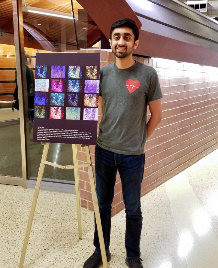 UC's Farhan Ilyas stands next to his scientific art poster in the CARE/Crawley building.
