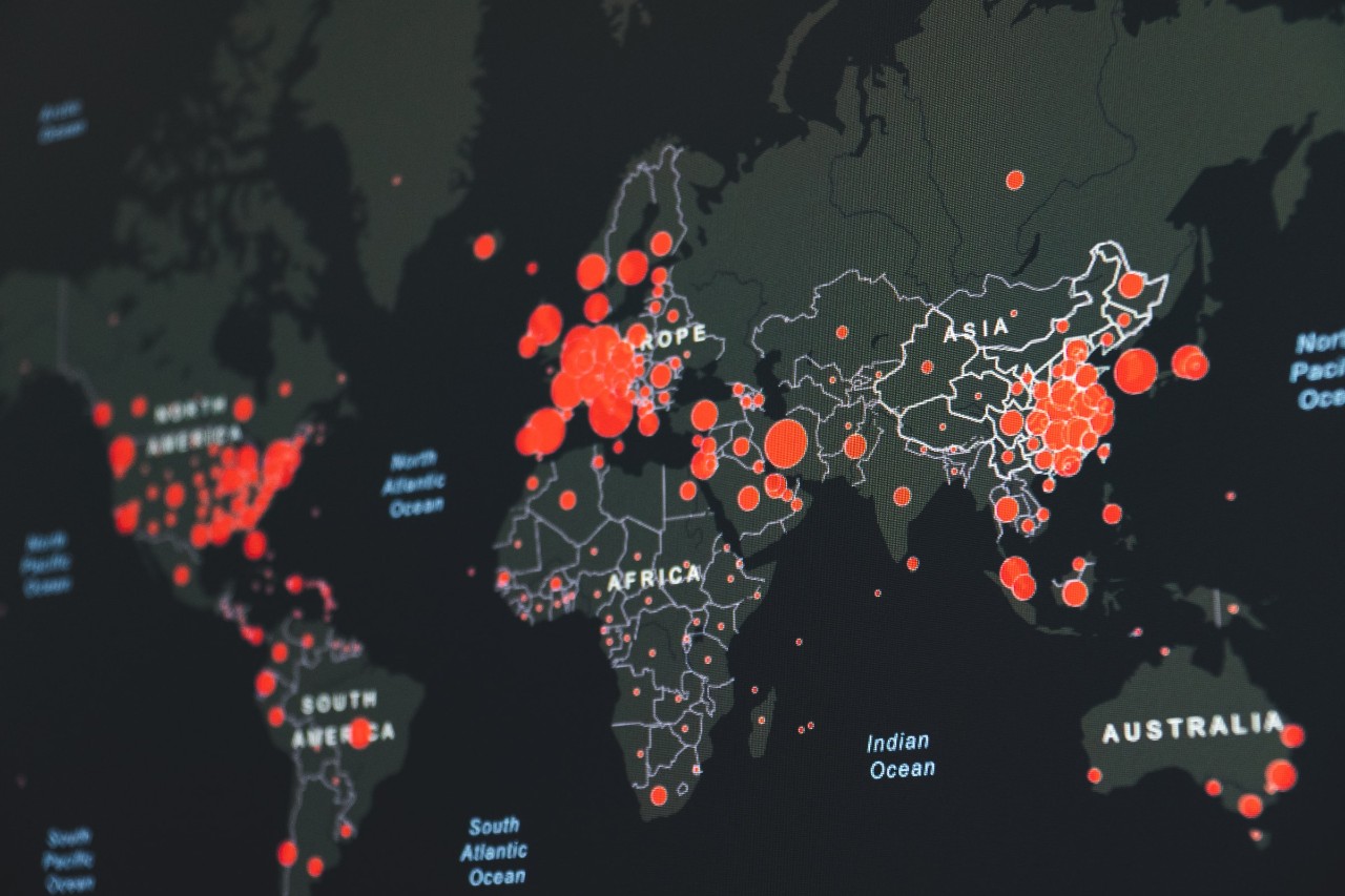 Black and red global map of COVID-19  hot spots in Africa 
