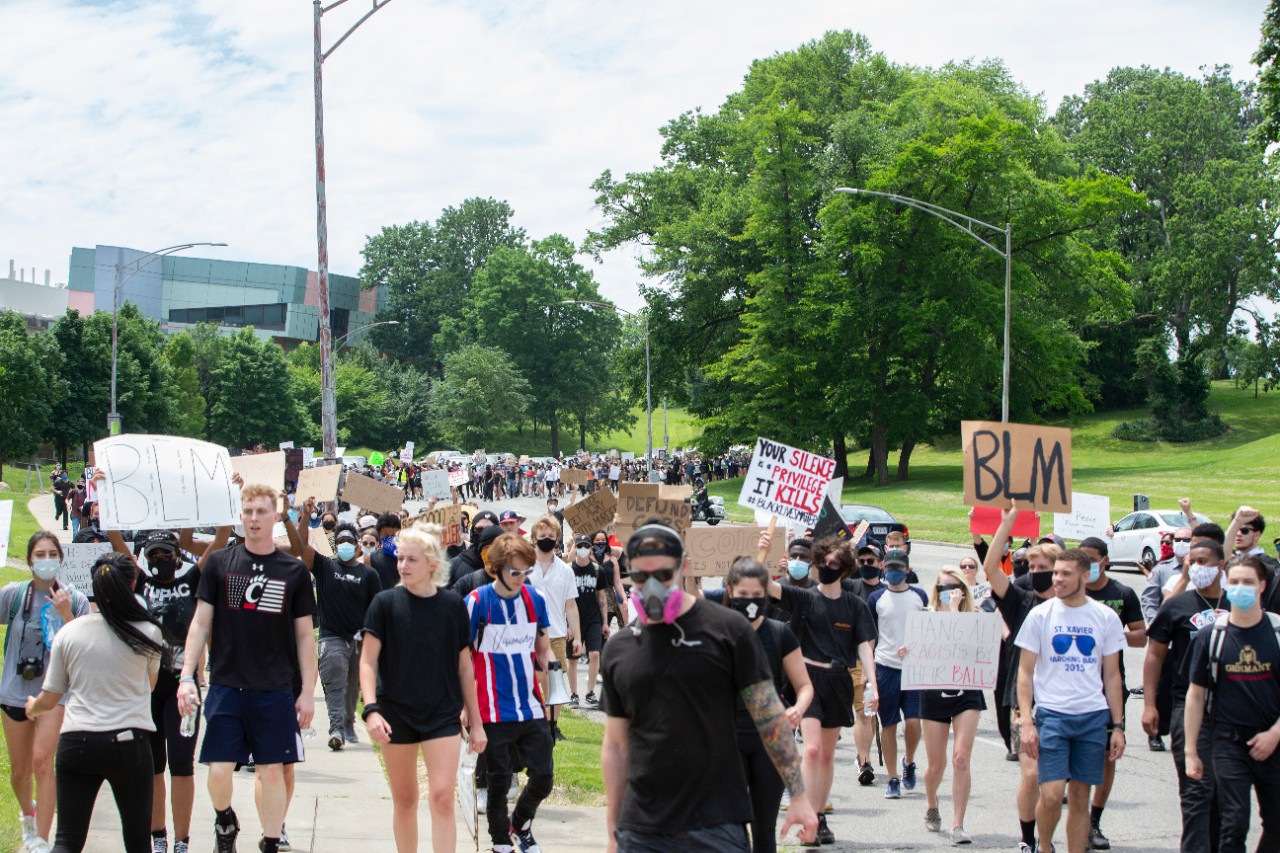 University of Cincinnati police Captain Rodney Carter and Assistant Chief Dudley Smith walked with the protesters along Clifton and King, MLK to Jefferson, south on Jefferson, west on Calhoun and Clifton Avenue. About 800 protesters marched for George Floyd, Breonna Taylor and Ahmaud Arbery Wednesday June 3, 2020 as part of a Black Lives Matter Cincinnati action. UC/ Joseph Fuqua II