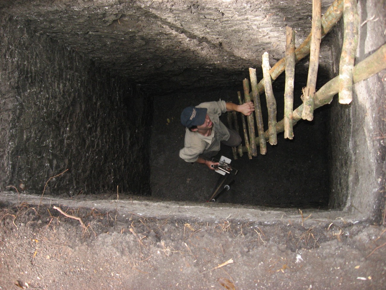 A researcher climbs a wooden ladder at an excavation.