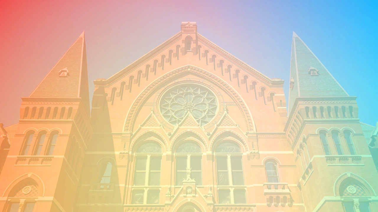 Music Hall in Cincinnati with rainbow overlay