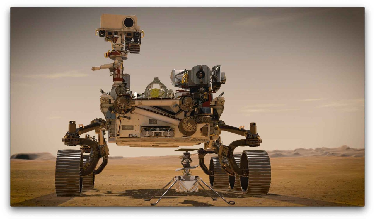 An artist's rendering of NASA's new rover Perseverance with its sidekick helicopter called Ingenuity.