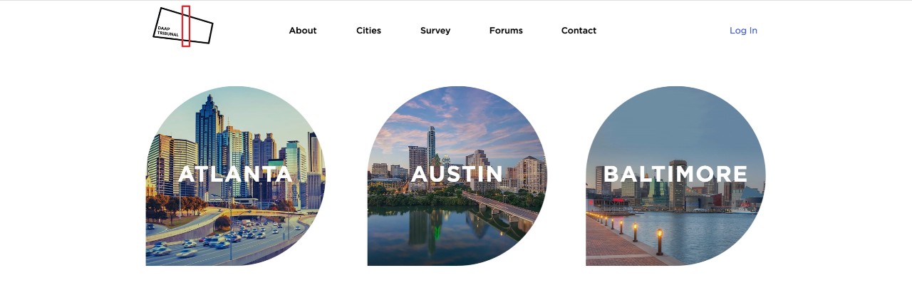 Three round bubbles featuring a photo of a city and the city name featuring Atlanta, Austin and Baltimore.