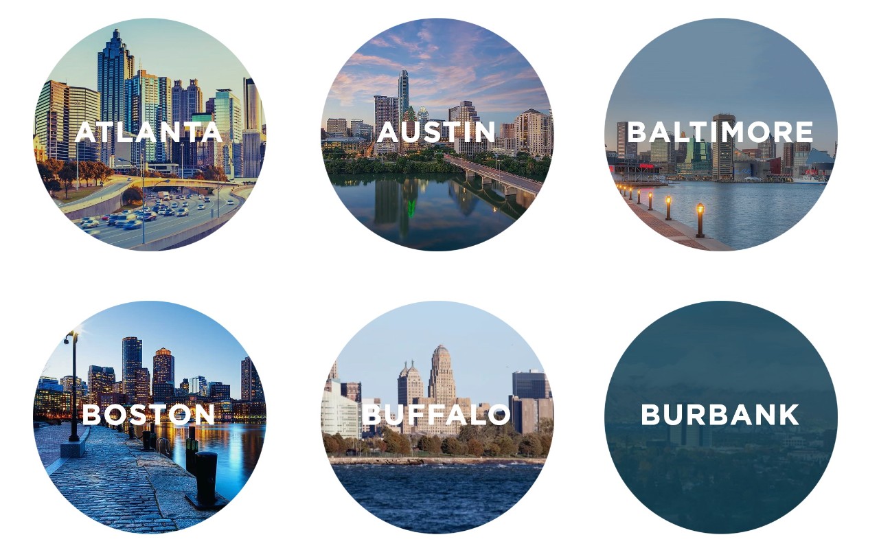 Six round bubbles featuring a photo of one of six cities and the city name including Atlanta, Austin, Baltimore, Boston, Buffalo and Burbank.