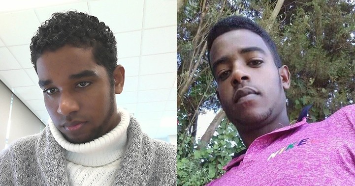 Photos of the two brothers, each looking down at his phone camera