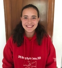 A young women with dark hair wearing a red sweatshirt that reads, "CPS Strong Physics Course 2020"