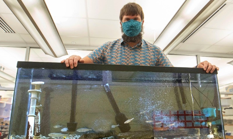 Michael Booth, PhD visiting assistant professor Fish & Aquatic Ecology shown here in his lab with fish tank at Rieveschl. Michael Booth studied migration patterns of steelhead in California's Santa Clara River. UC/ Joseph Fuqua II