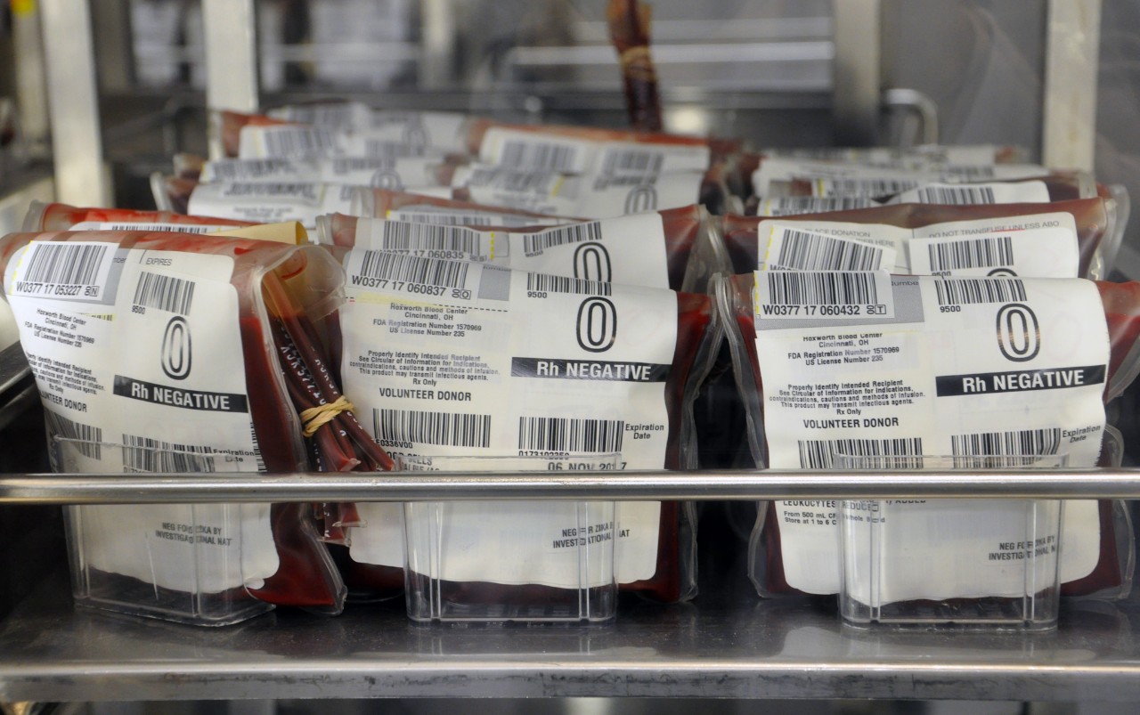 Bags of O- blood in Hoxworth cooler