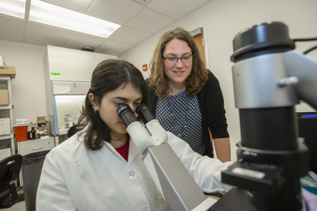 Katherine Burns, PhD, shown with UC student Shivane Chawla in a College of Medicine laboratory. 