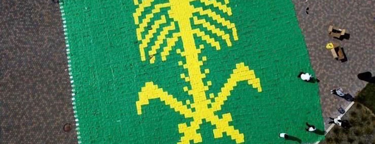 Mural of the Saudi American flag made of reusable bags