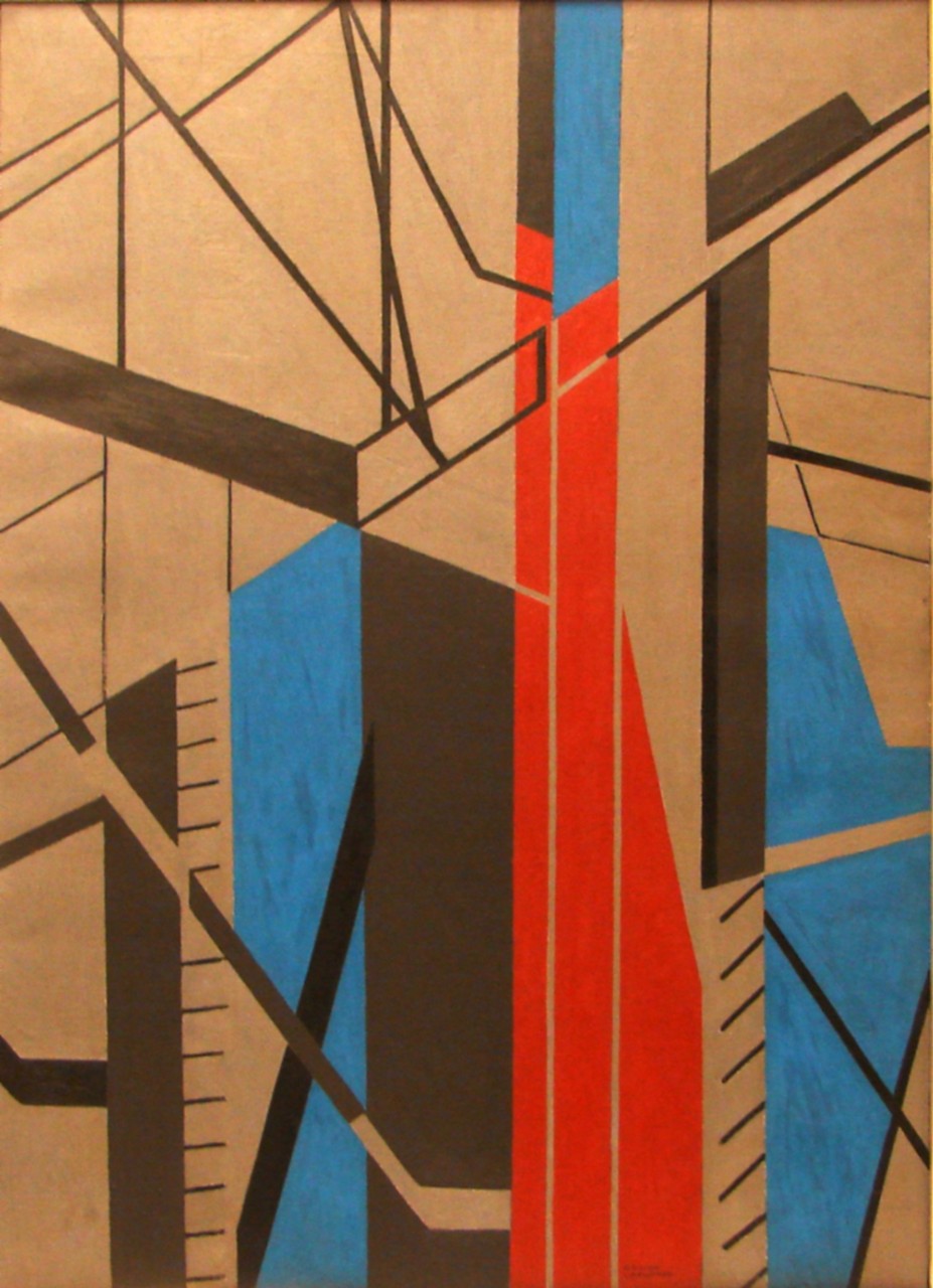 contemporary painting with red and blue blocks