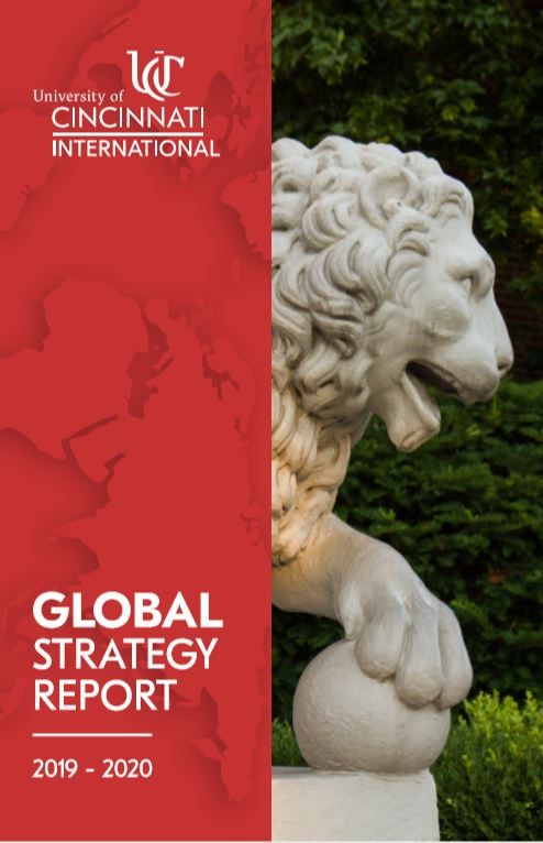 Cover of the report, reading University of Cincinnati | International, Global Strategy Report, 2019-20, with an image of the lion statue outside McMicken Hall 
