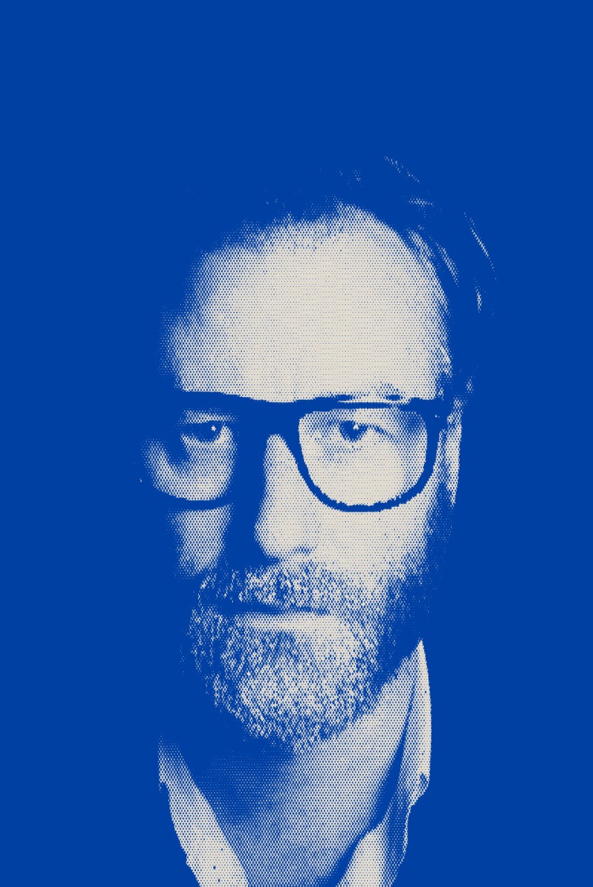 Blue and white portrait of Matt Berninger