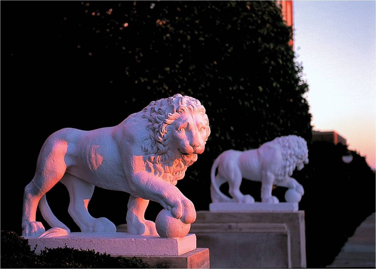 Stone lion statues, Mick and Mack, standing out the UC College of Arts and Sciences