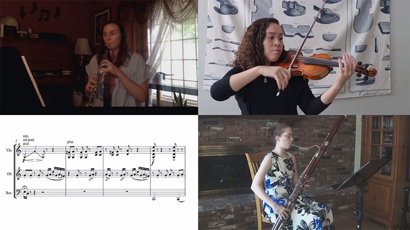 Musicians perform a virtual concert with the music score displayed