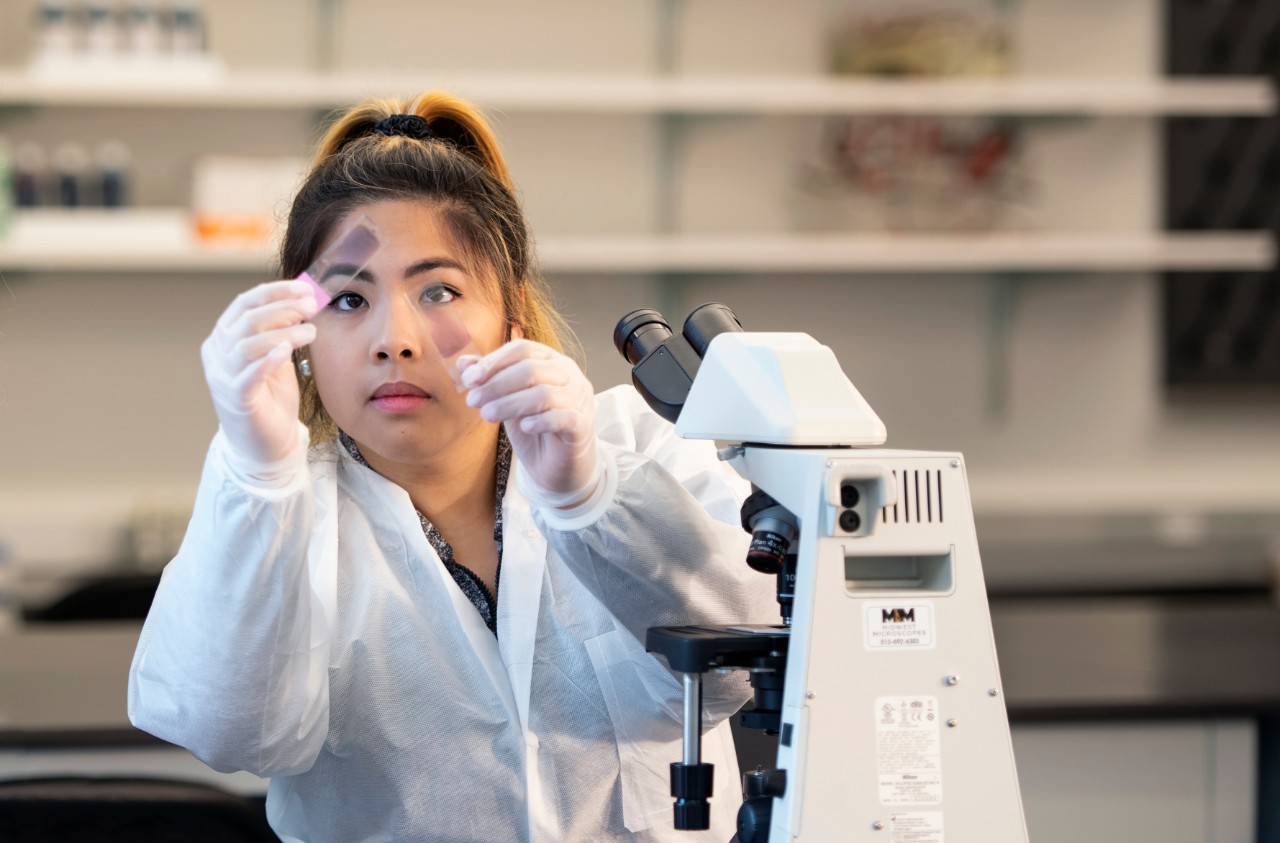 Medical Laboratory Student in Lab with Telescope and test slides