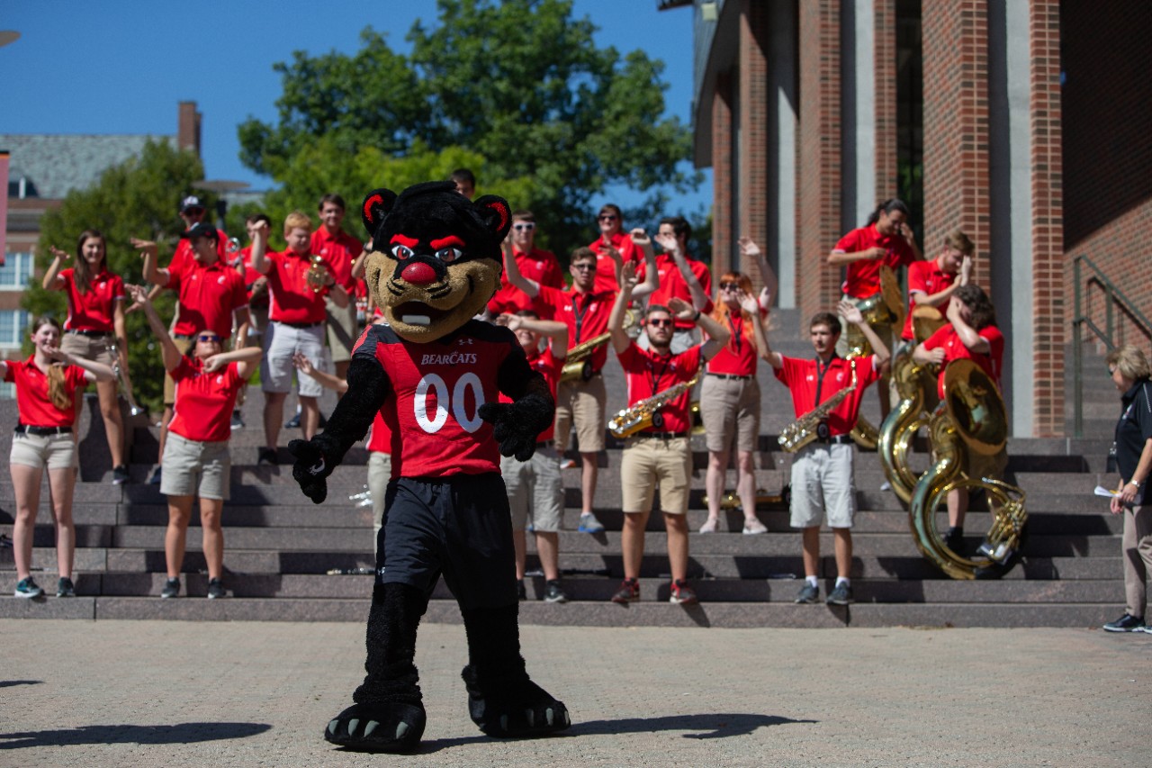 Bearcat Friday, the band performs as the Bearcat and football players encourage students to attend Saturday's football game.