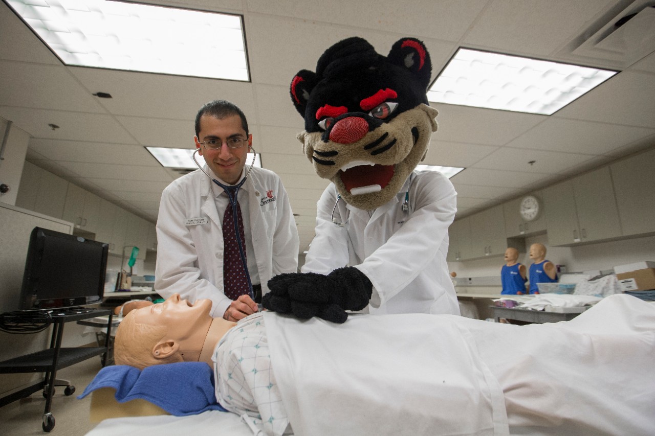 University of Cincinnati’s Bearcat mascot posed at Care Crawley. UC/ Joseph Fuqua II 