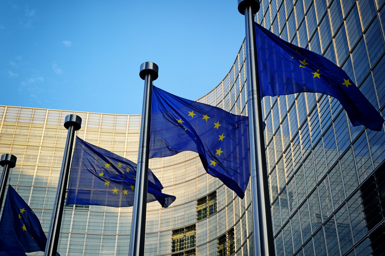 European Union building with flags