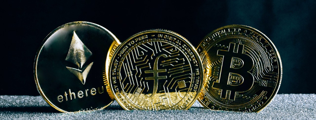 Cryptocurrency coins.