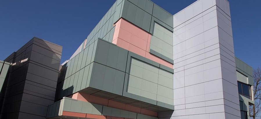 Multi-colored exterior of the College of Design, Architecture, Art and Planning. 