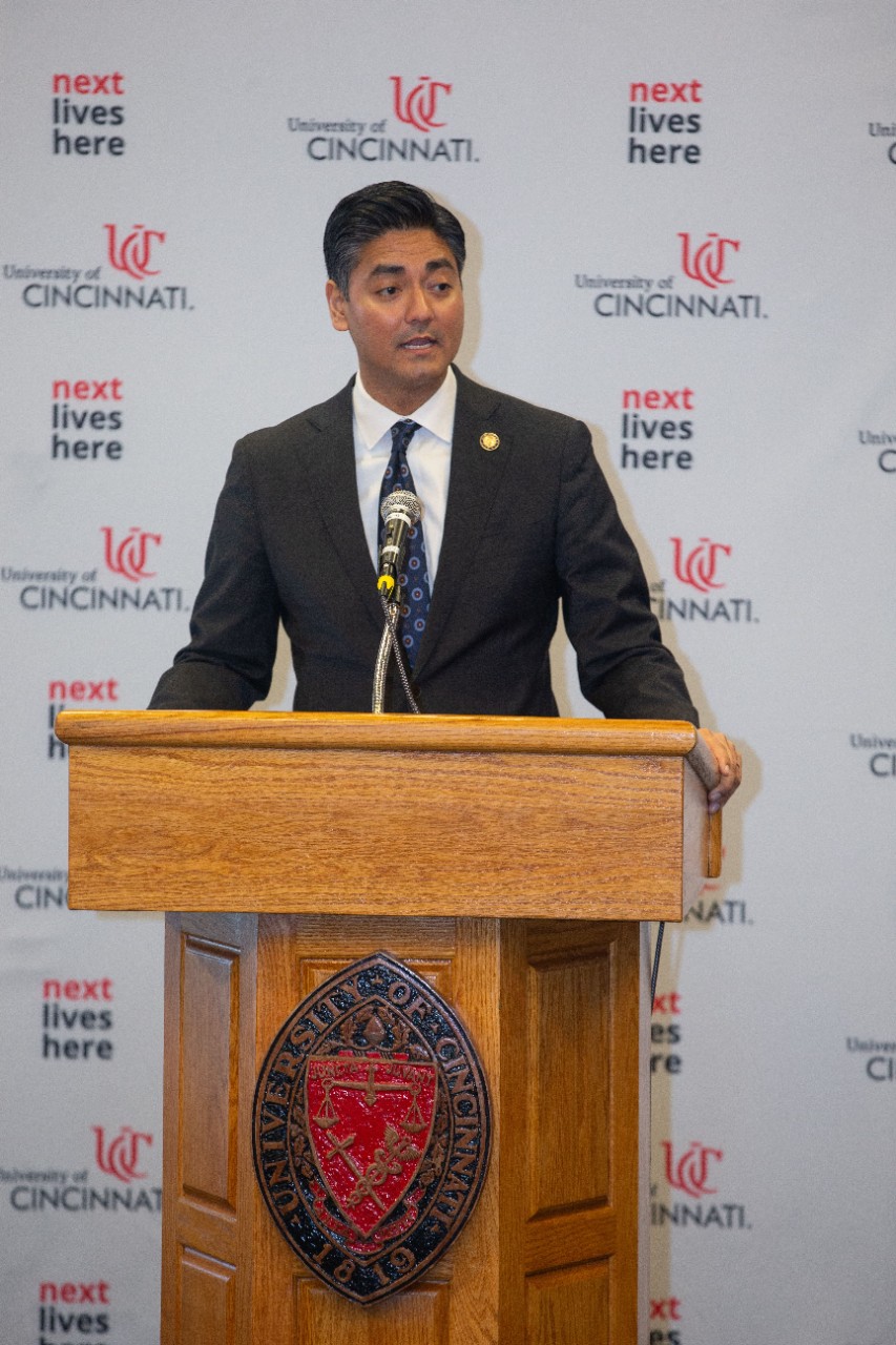 Cincinnati Mayor Aftab Pureval speaking at podium