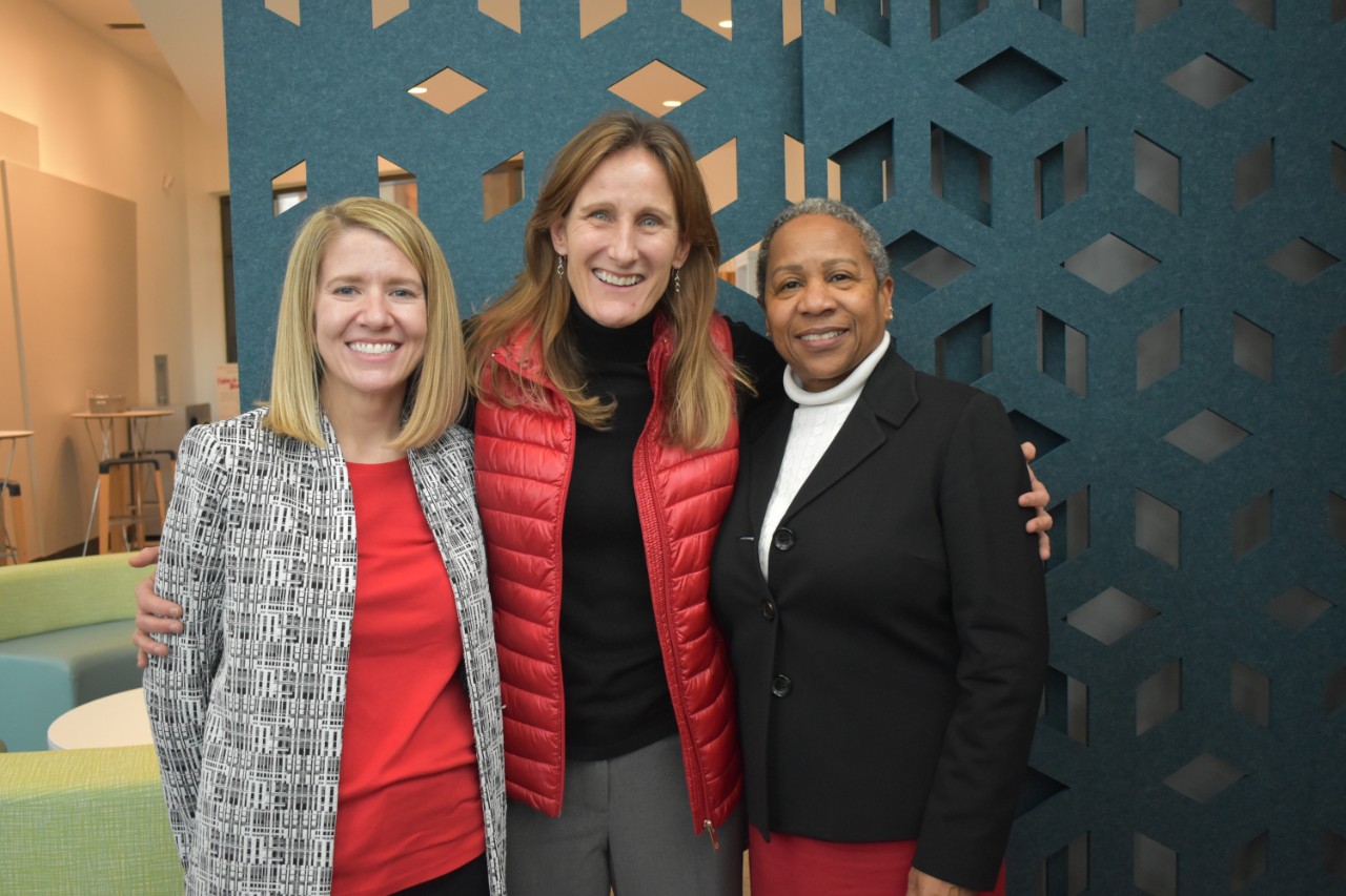 Student Wellness Center Director Dr. Brandy Reeves Doyle, Campus Recreation Director Kim Schmidt, and Vice President of Student Affairs Debra Merchant pose at the celebration of the opening of the expanded space.
