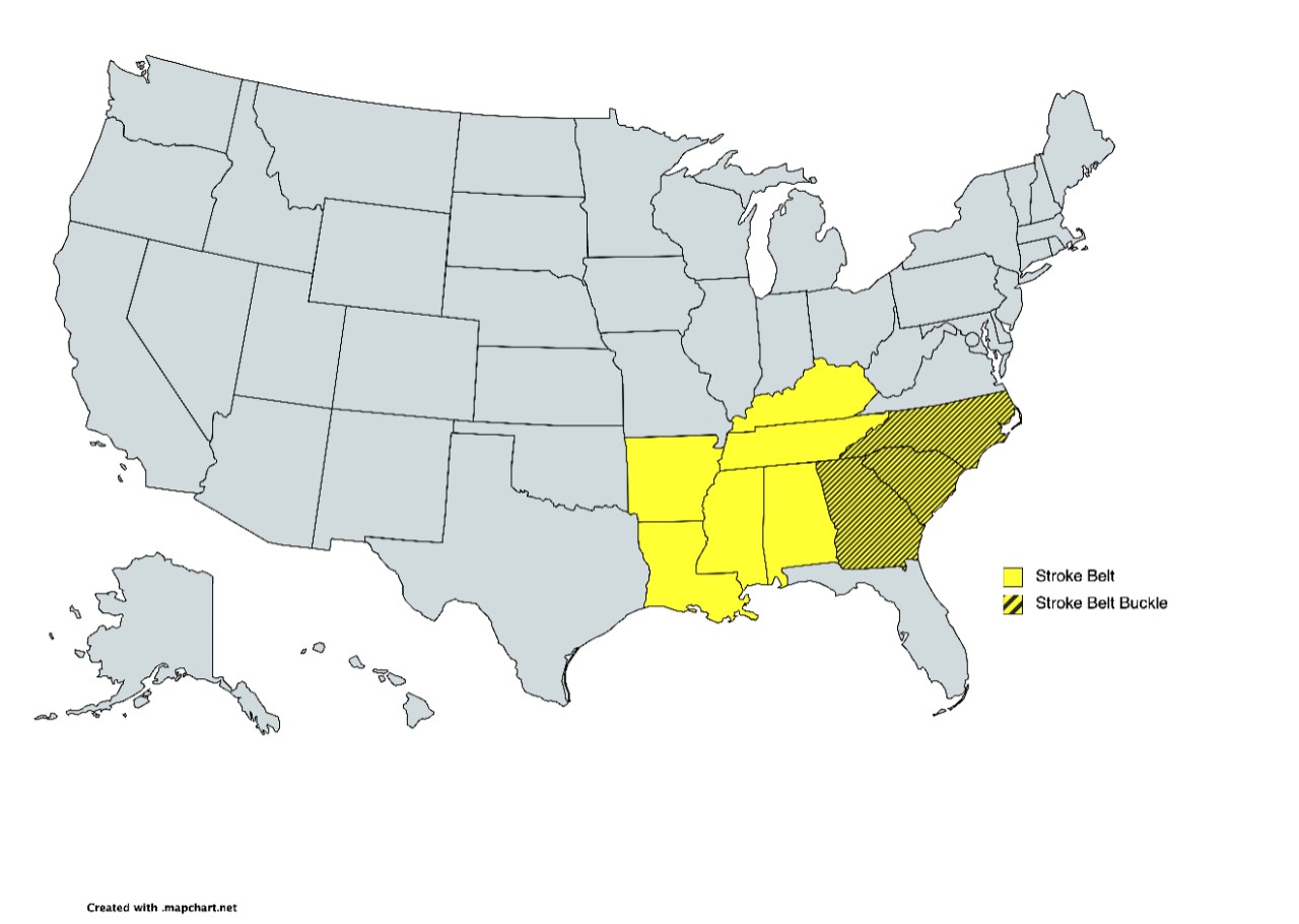 A map of the United States with Kentucky, Tennessee, Arkansas, Louisiana, Alabama and Mississippi identified as the stroke belt and North Carolina, South Carolina and Georgia identified as the stroke belt buckle